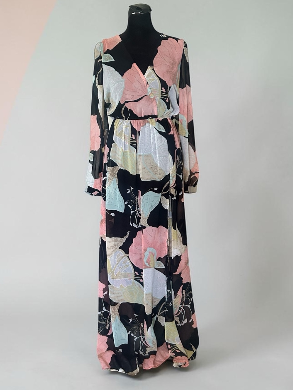 Lulus black, pink, and light blue floral maxi dress